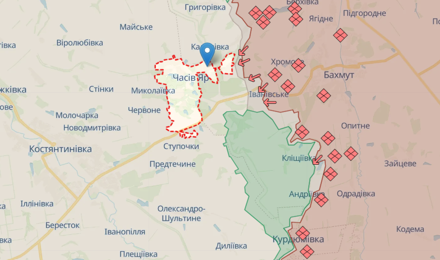 Ситуація поблизу Часового Яру станом на 1 квітня. Скриншот: DeepState Ситуація поблизу Часового Яру станом на 1 квітня. Скриншот: DeepState