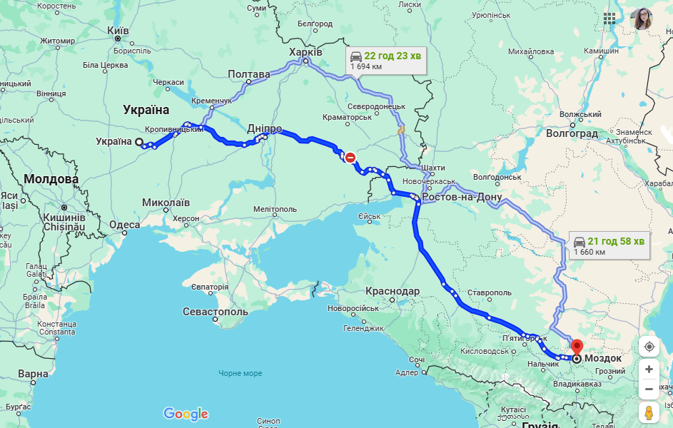 Карта иллюстрирует расстояние от Украины до аэродрома Моздок Карта иллюстрирует расстояние от Украины до аэродрома Моздок