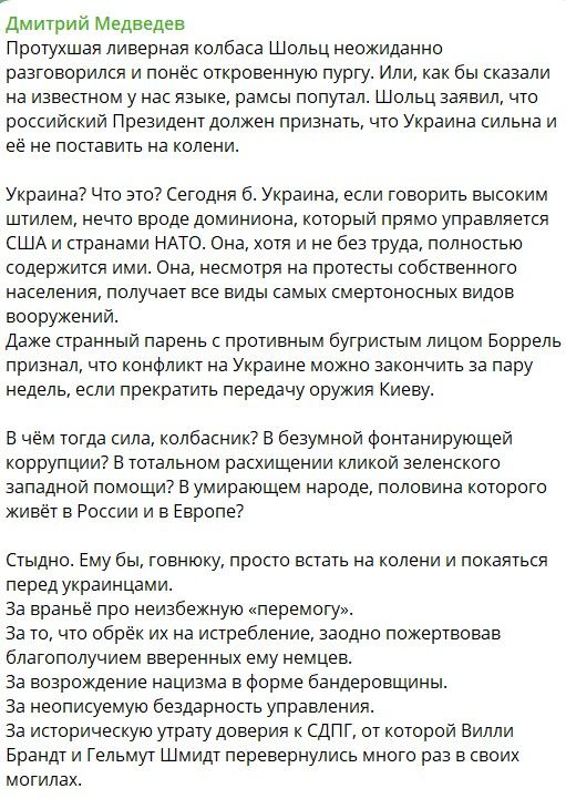 Медведев обозвал Шольца "г*внюком" и "протухшей ливерной колбасой" за поддержку Украины 1