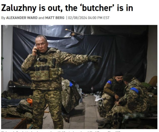 Politico назвало статью "Залужный вышел, зашел "Потрошитель", имея в виду Сырского. Фото: скриншот Politico назвало статью "Залужный вышел, зашел "Потрошитель", имея в виду Сырского. Фото: скриншот