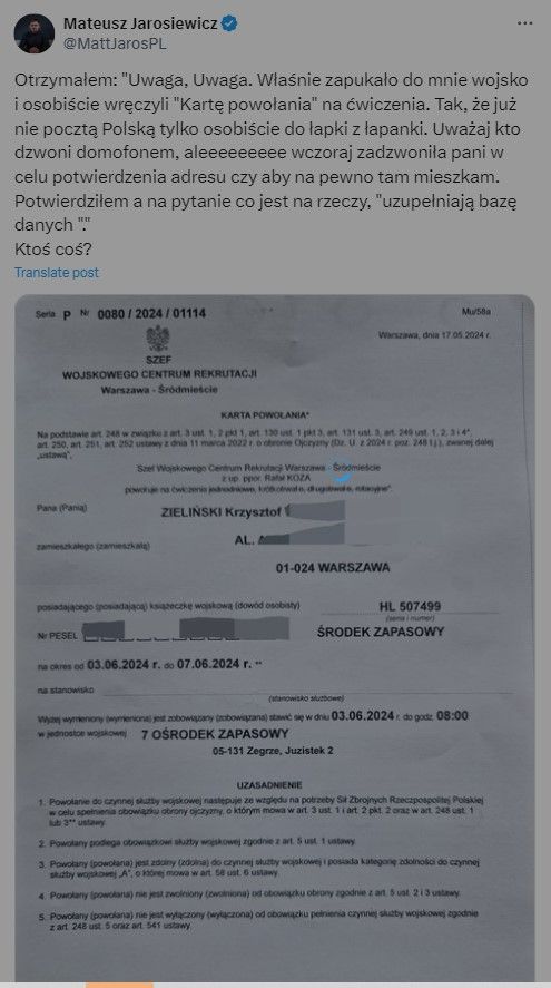 У Польщі радять переховуватися, аби не отримати виклик на навчання резервістів. Скріншот X У Польщі радять переховуватися, аби не отримати виклик на навчання резервістів. Скріншот X