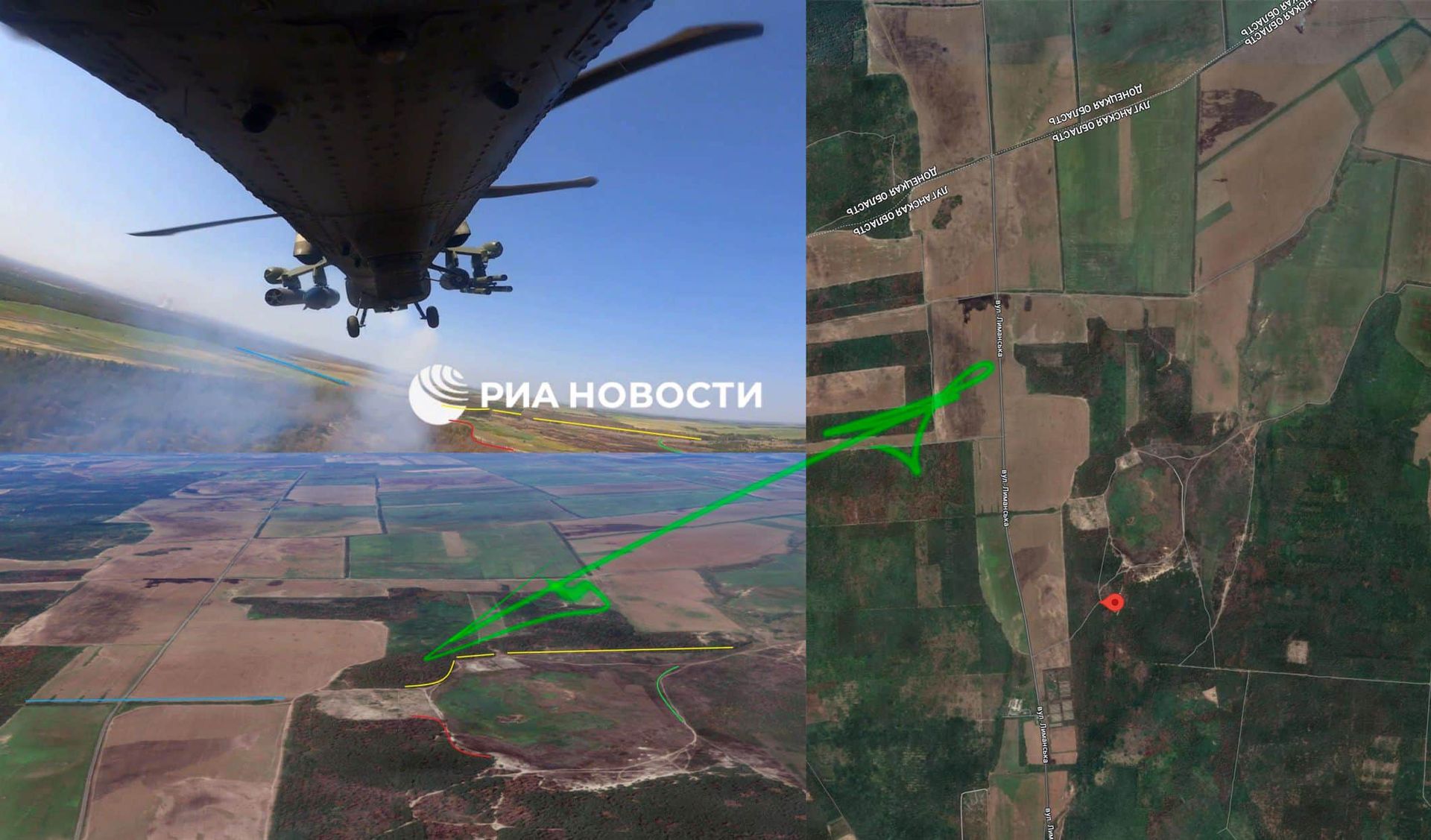 Слева - свежий кадр из ролика Минобороны об ударе по ВСУ "в приграничном районе Курской области". Справа – скриншот карты в районе Кременной, Луганская область. Фото: The Insider Слева - свежий кадр из ролика Минобороны об ударе по ВСУ "в приграничном районе Курской области". Справа – скриншот карты в районе Кременной, Луганская область. Фото: The Insider