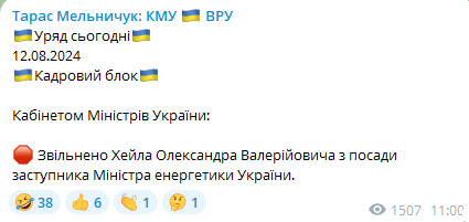 Уряд 12 серпня ухвалив рішення звільнити з посади заступника міністра енергетики Олександра Хейла. Скриншот - Інформатор Уряд 12 серпня ухвалив рішення звільнити з посади заступника міністра енергетики Олександра Хейла. Скриншот - Інформатор