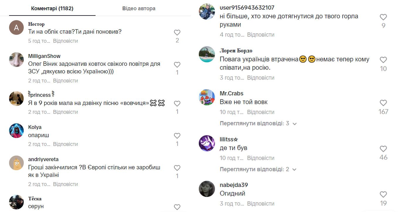 Коментарі під новим відео Олега Винника у TikTok Коментарі під новим відео Олега Винника у TikTok