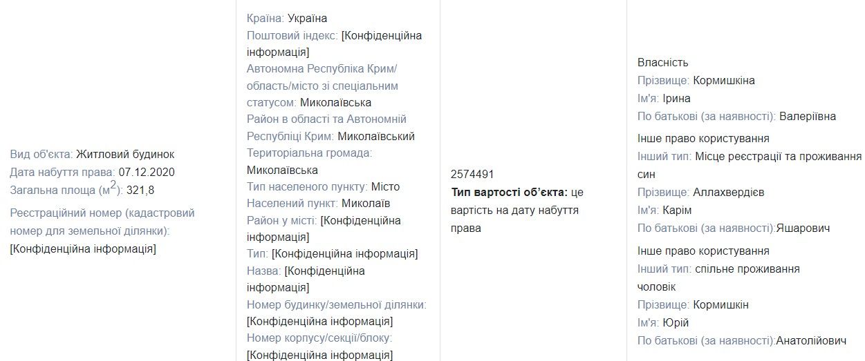 Із декларації Ірини Кормишкіної