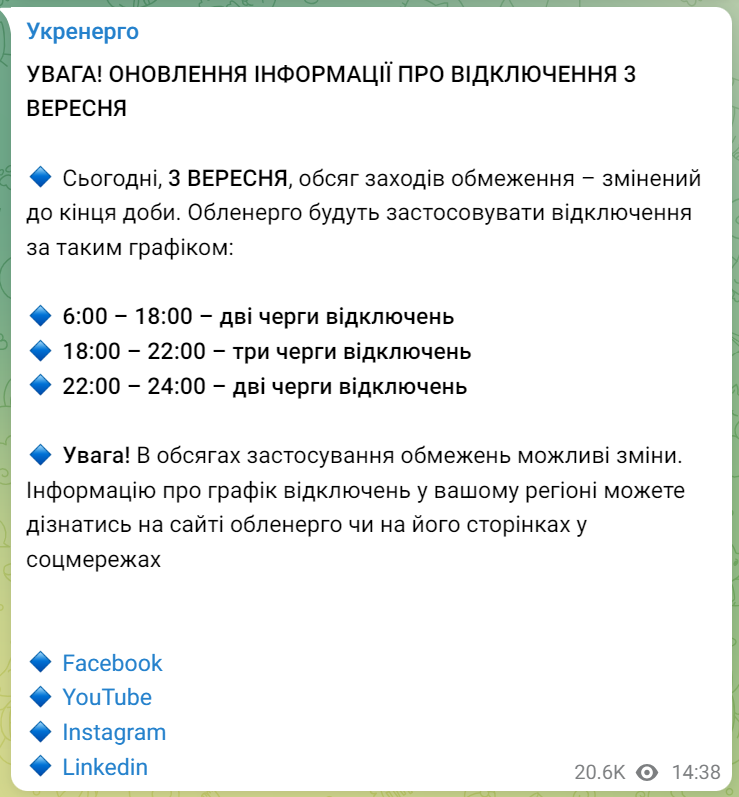 Відключення світла 3 вересня: ситуація погіршилася, графіки зробили жорсткішими 1