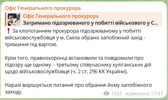 Избиение ветерана ВСУ в Смеле: Долотенко арестовали, по делу уже три подозрения 1