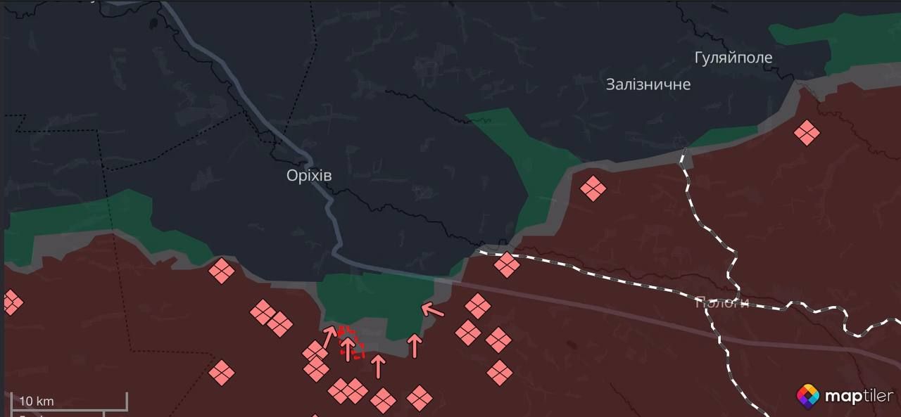 Гуляйполе і Роботине (позначене червоним) - вірогідні напрямки штурмів РФ Гуляйполе і Роботине (позначене червоним) - вірогідні напрямки штурмів РФ
