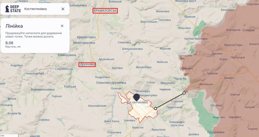 Бої на Донбасі - лінія боїв Часів Яр, Костянтинівка, Дружівка станом на 22 жовтня Фото: DeepState
