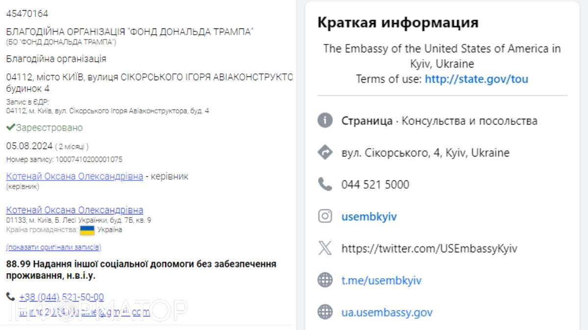 Збіг у контактах: зліва - сторінка новоствореної організації у Clarity Project, справа - дані з Facebook посольства США в Україні Збіг у контактах: зліва - сторінка новоствореної організації у Clarity Project, справа - дані з Facebook посольства США в Україні