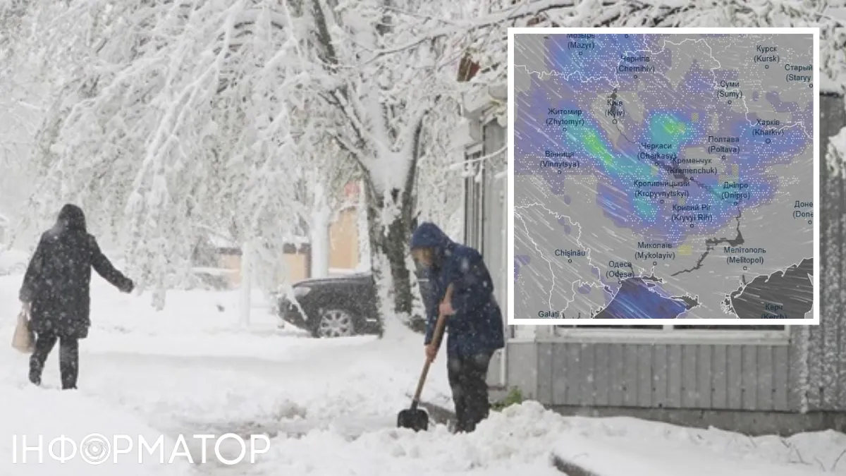 карта прогноз погоды, снегопад, женщина чистит снег