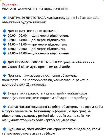 Укрэнерго спрогнозировало массовые обесточения на 29 ноября: свет будут выключать все сутки 1