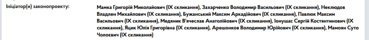 Список ініціаторів законопроєкту №10242. Cкріншот: сайт Верховної Ради Законопроєкт, депутати