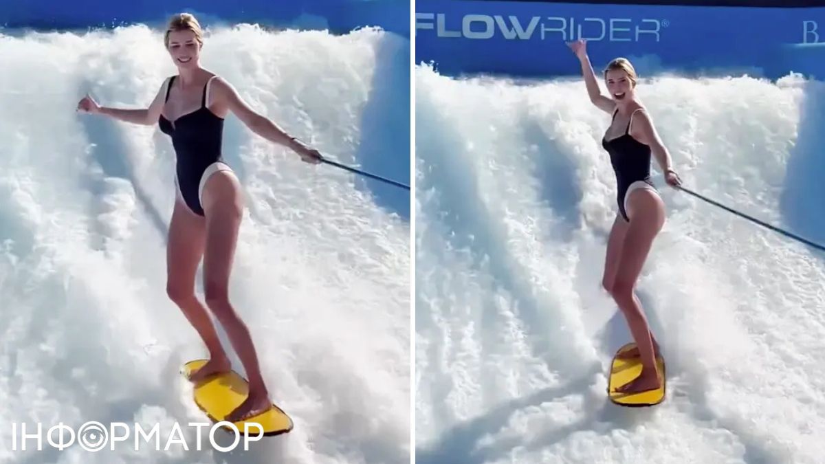 Скрин из нового видео: Иванка Трамп на симуляторе волн. Скрин из нового видео: Иванка Трамп на симуляторе волн.
