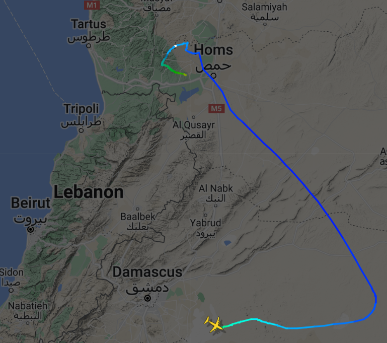 Маршрут літака Асада 8 грудня. Дані: Flightradar24 Маршрут літака Асада 8 грудня. Дані: Flightradar24