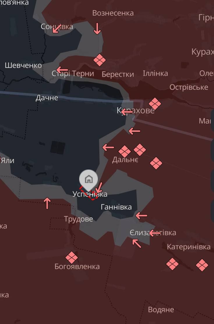 Для Успеновки сейчас наиболее угрожающее положение. Карта DeepState Для Успеновки сейчас наиболее угрожающее положение. Карта DeepState