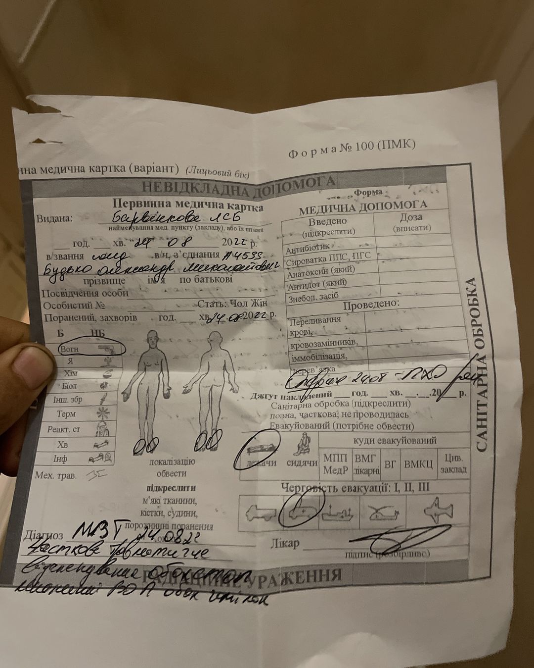 Медицинский документ, в котором указана реальная дата ранения Будька – 24.08.2022 года