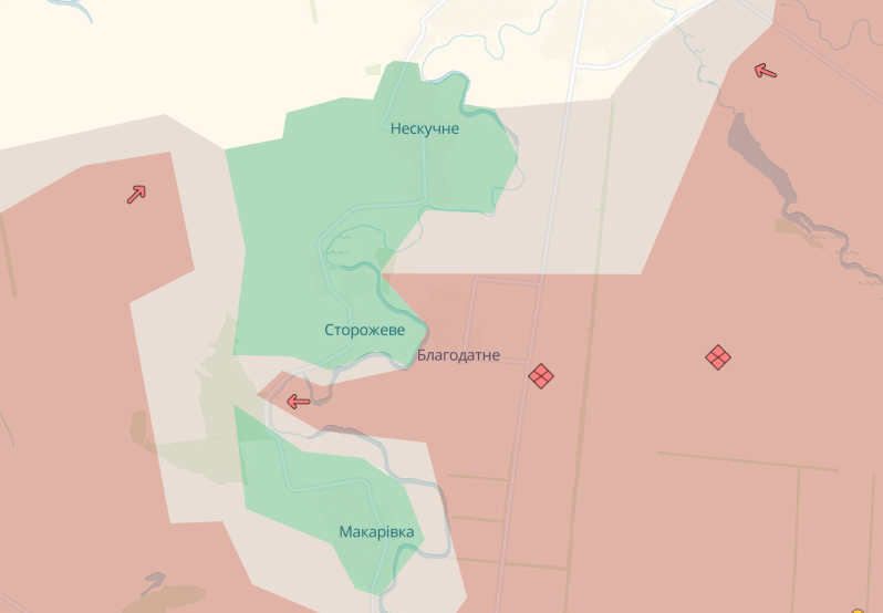 Росіяни просунулись біля селища Сторожеве. Карта - DeepState Росіяни просунулись біля селища Сторожеве. Карта - DeepState