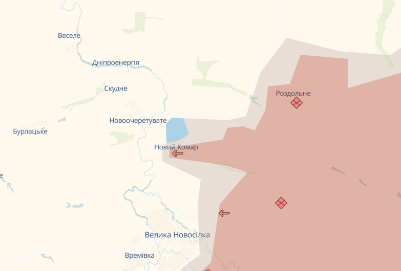 Ворог просувається біля селища Новий Комар. Карта - DeepState Ворог просувається біля селища Новий Комар. Карта - DeepState