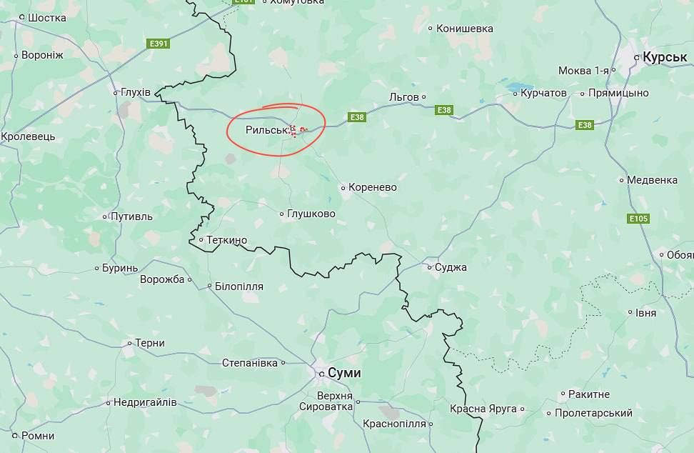 Розташування міста Рильськ. Скріншот: Google Maps Карта, Курська область