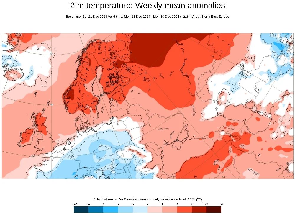 Очікуваний розподіл відхилення температури повітря від норми у Східній Європі на період з 23 по 30 грудня 2024 року. Джерело: ECMWF