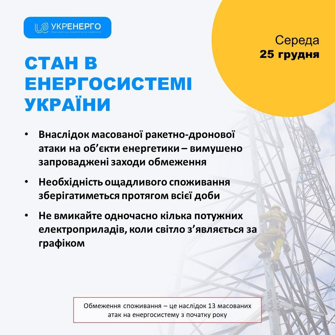 В Укрэнерго объяснили, сколько времени будут дети графики отключений после атаки 25 декабря 1