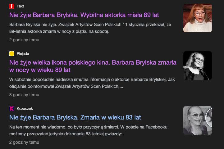 Ложные новости в польских медиа о смерти Барбары Брыльской Ложные новости в польских медиа о смерти Барбары Брыльской