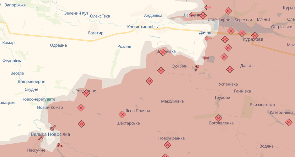 Ворог просунувся поблизу Великої Новосілки та у Сухих Ялах. Карта - DeepState