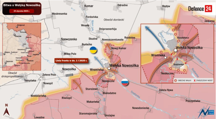 Линия фронта возле Великой Новоселки, по состоянию на 24 января 2025 года. Автор. Артур Росинский/Newsmap.pl/Defence24.pl