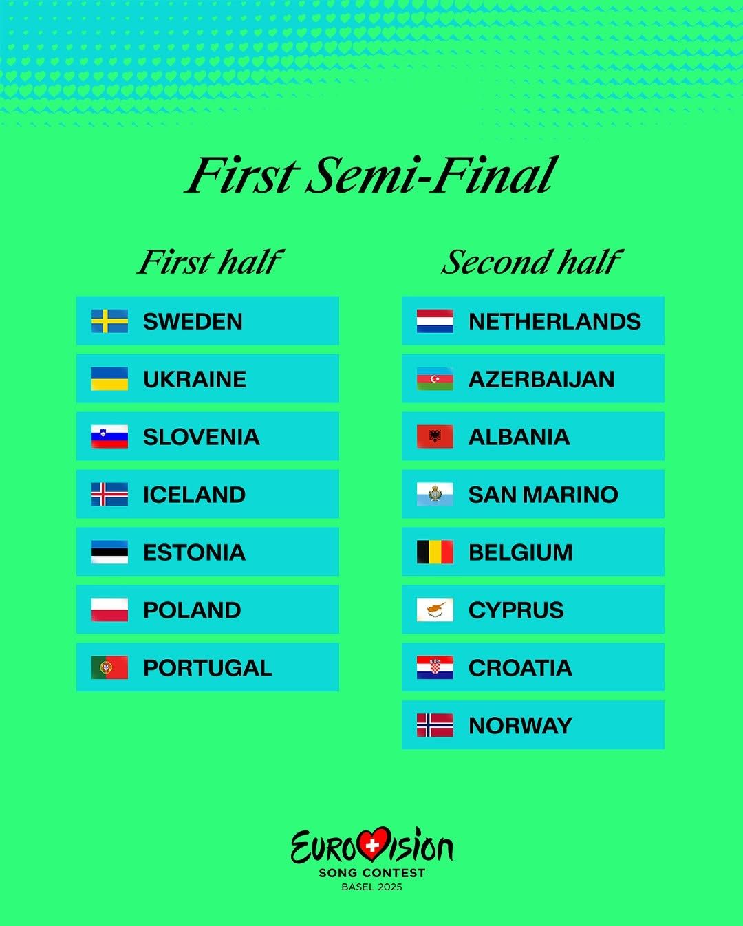 Країни, які потрапили до першого півфіналу Євробачення-2025 Країни, які потрапили до першого півфіналу Євробачення-2025