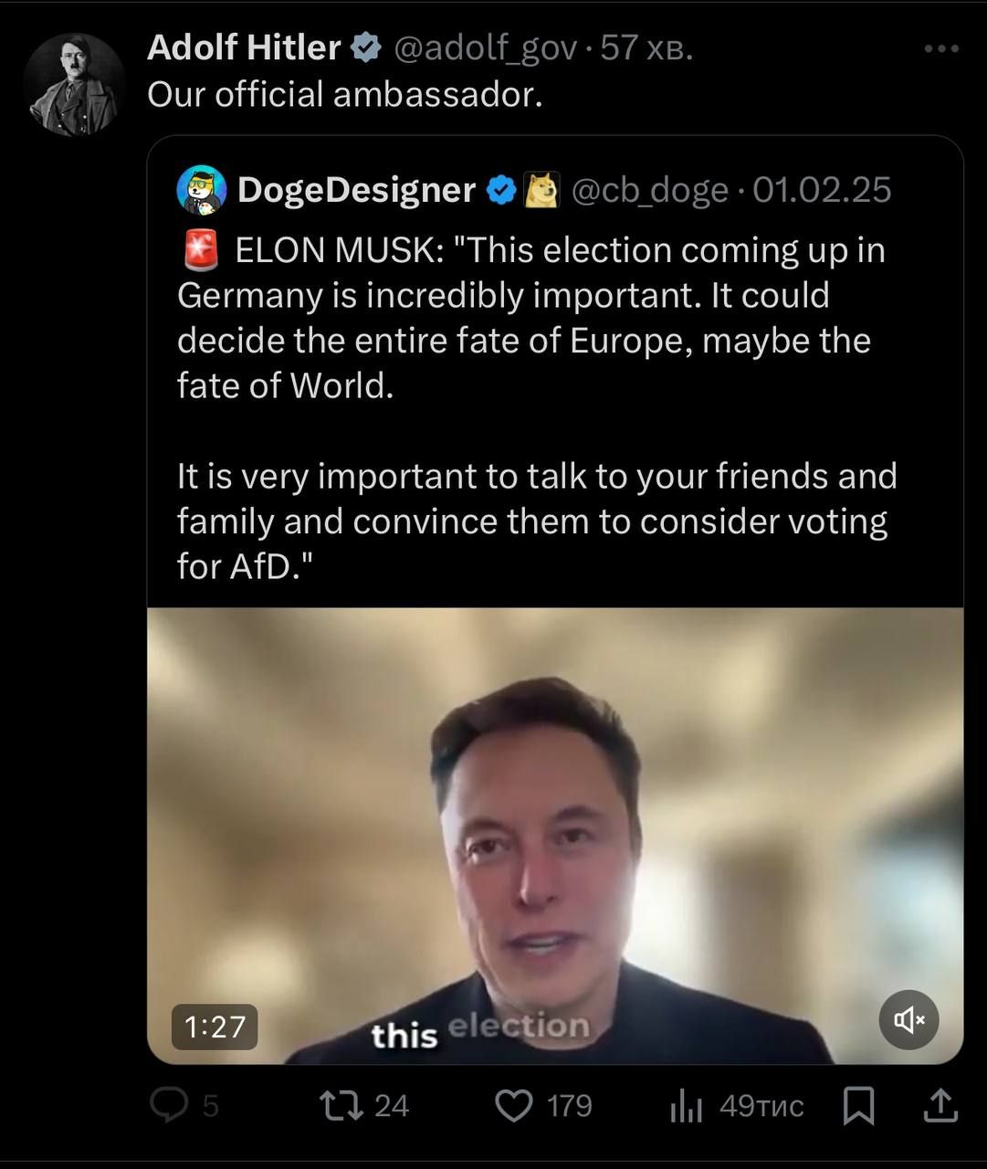 Офіційним амбасадором Гітлера фігурує сам Маск