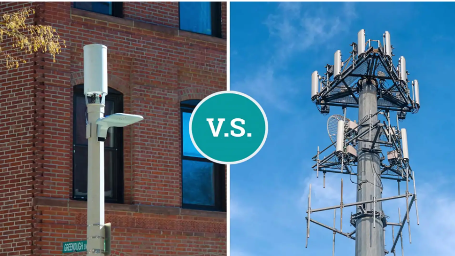 Малопотужна базова станція (small cells) у порівнянні зі звичайною базовою станцією (праворуч)