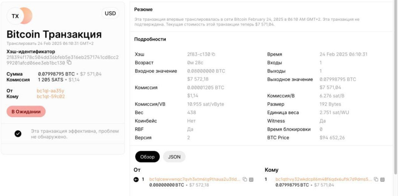 Приклад транзакції з BitCoin