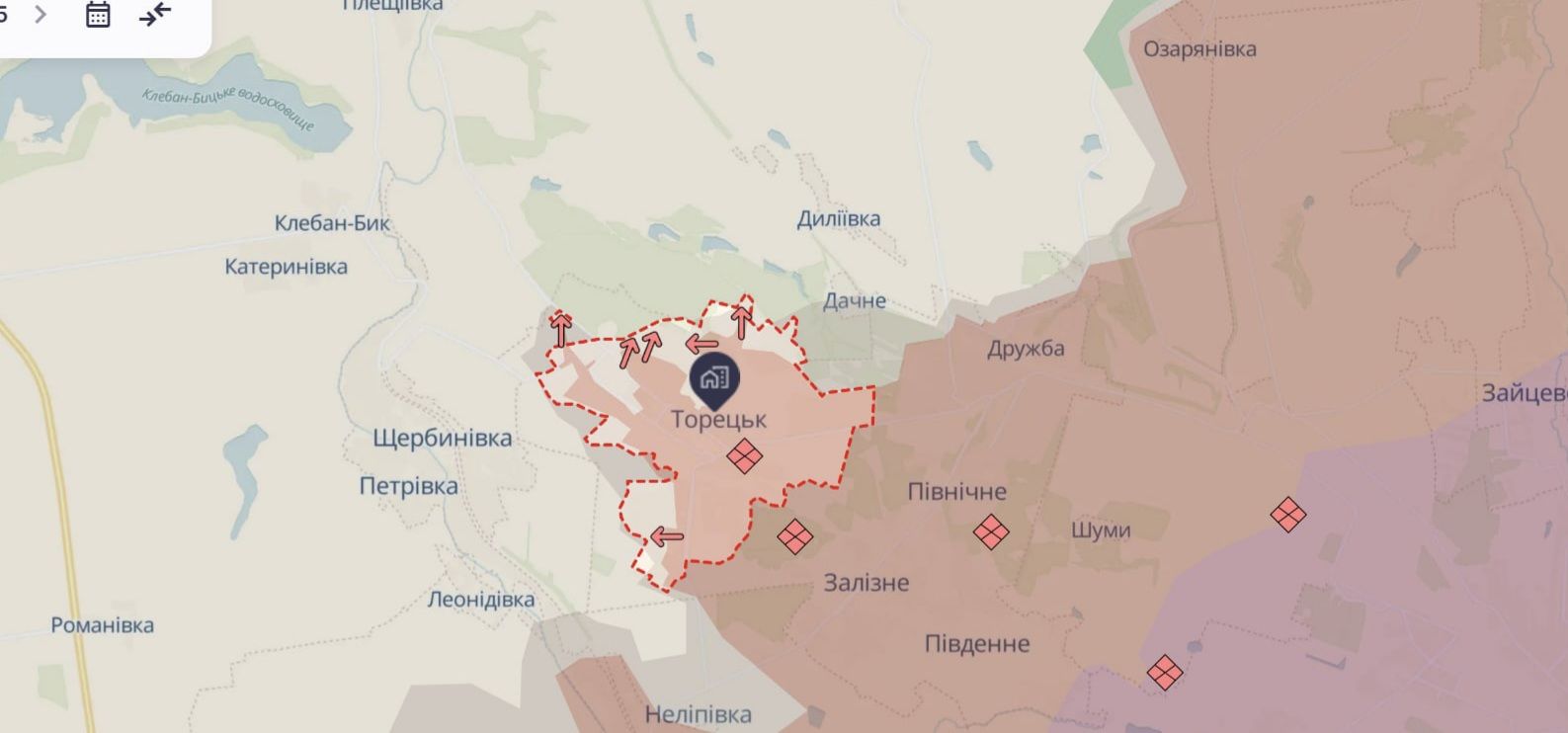РФ штурмують Торецьк. Скриншот з DeepStateMAP РФ штурмують Торецьк. Скриншот з DeepStateMAP