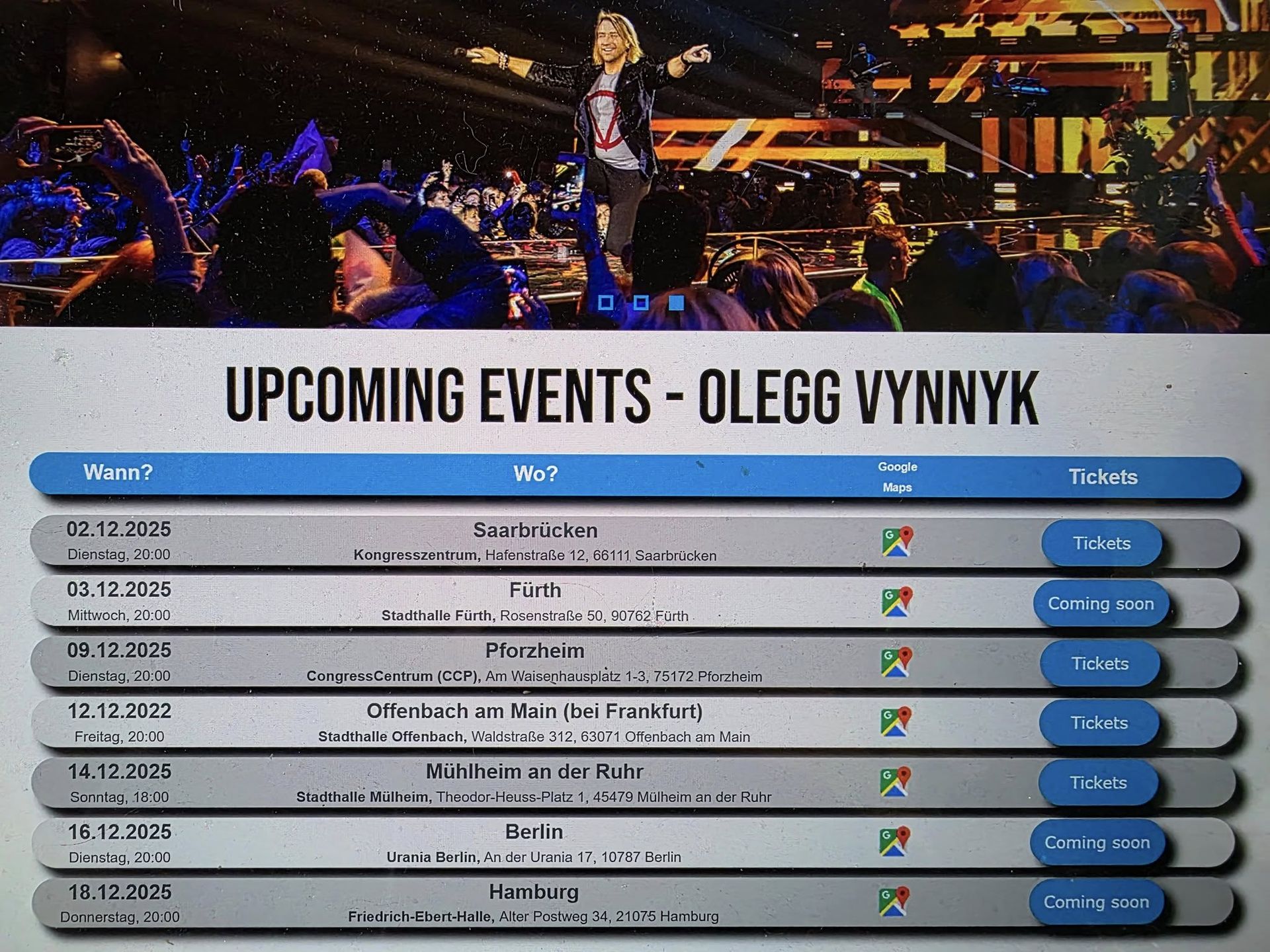 Графік концертного тура Олега Винника в Німечичні