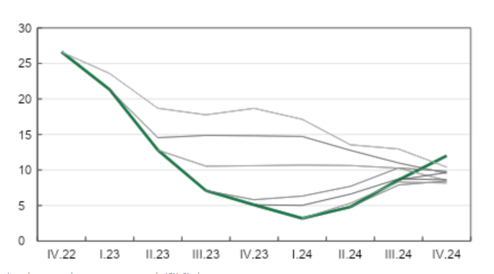 Історія прогнозів: перегляд прогнозів ІСЦ, % рік до року Історія прогнозів: перегляд прогнозів ІСЦ, % рік до року