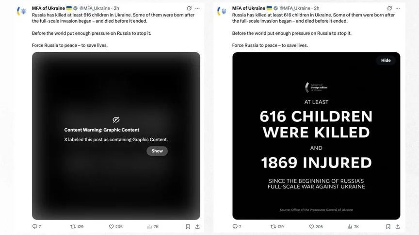 Cкриншот, демонстрирующий, как соцсеть X скрыла публикацию с информацией об убитых российскими обстрелами украинских детях X / Heorhii Tykhyi Cкриншот, демонстрирующий, как соцсеть X скрыла публикацию с информацией об убитых российскими обстрелами украинских детях X / Heorhii Tykhyi