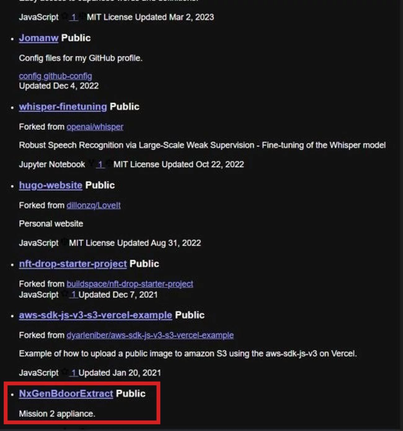 Скріншот з публічного облікового запису інженера DOGE Джордана Віка на GitHub, де видно проєкт із назвою "NxGenBdoorExtract". Сама назва натякає на те, що Вік міг розробляти бекдор (тобто "Bdoor") для витягу файлів із внутрішньої системи управління справами NLRB.  Джерело: Даніел Беруліс / Примітка NPR Скріншот з публічного облікового запису інженера DOGE Джордана Віка на GitHub, де видно проєкт із назвою "NxGenBdoorExtract". Сама назва натякає на те, що Вік міг розробляти бекдор (тобто "Bdoor") для витягу файлів із внутрішньої системи управління справами NLRB.  Джерело: Даніел Беруліс / Примітка NPR