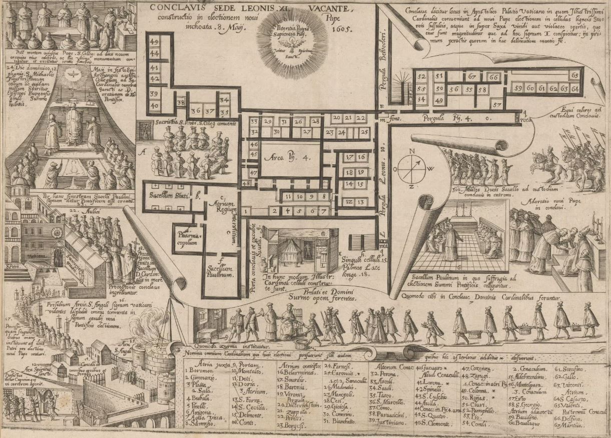 Паперовий гравюра 1605 року, що ілюструє різні сцени після смерті Лева XI та конклаву, що виник.