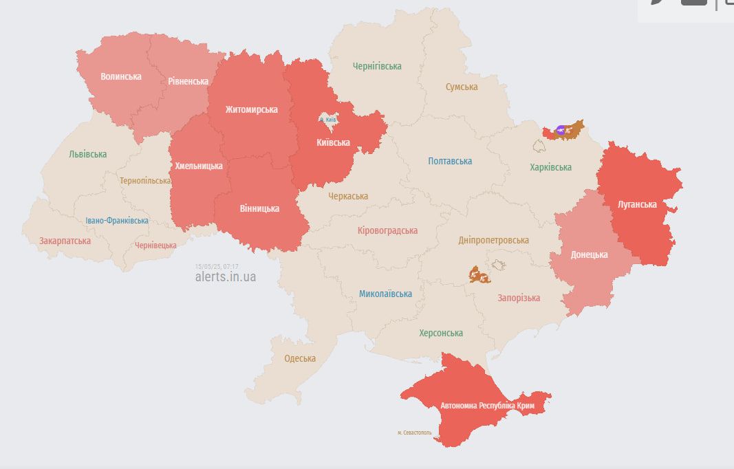 Карта тривог станом на 7:17 15 травня