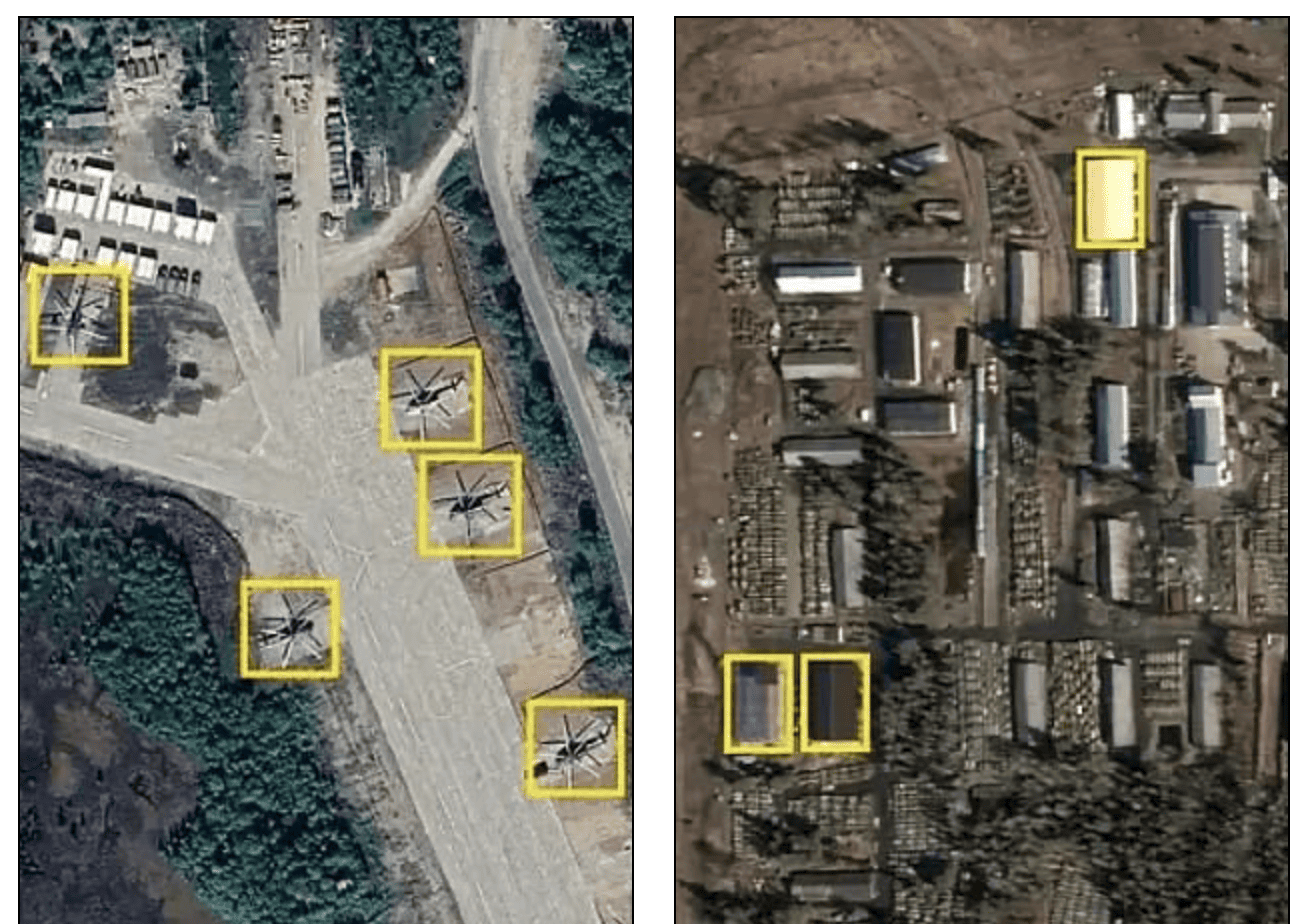 Авіабаза Північноморськ-2, схоже, було відремонтовано, а гелікоптери зображені на супутникових знімках. Праворуч: У Петрозаводську, приблизно за 100 миль від фінського кордону, було збудовано три великі склади, які, за словами експертів, є складськими приміщеннями для бронетехніки