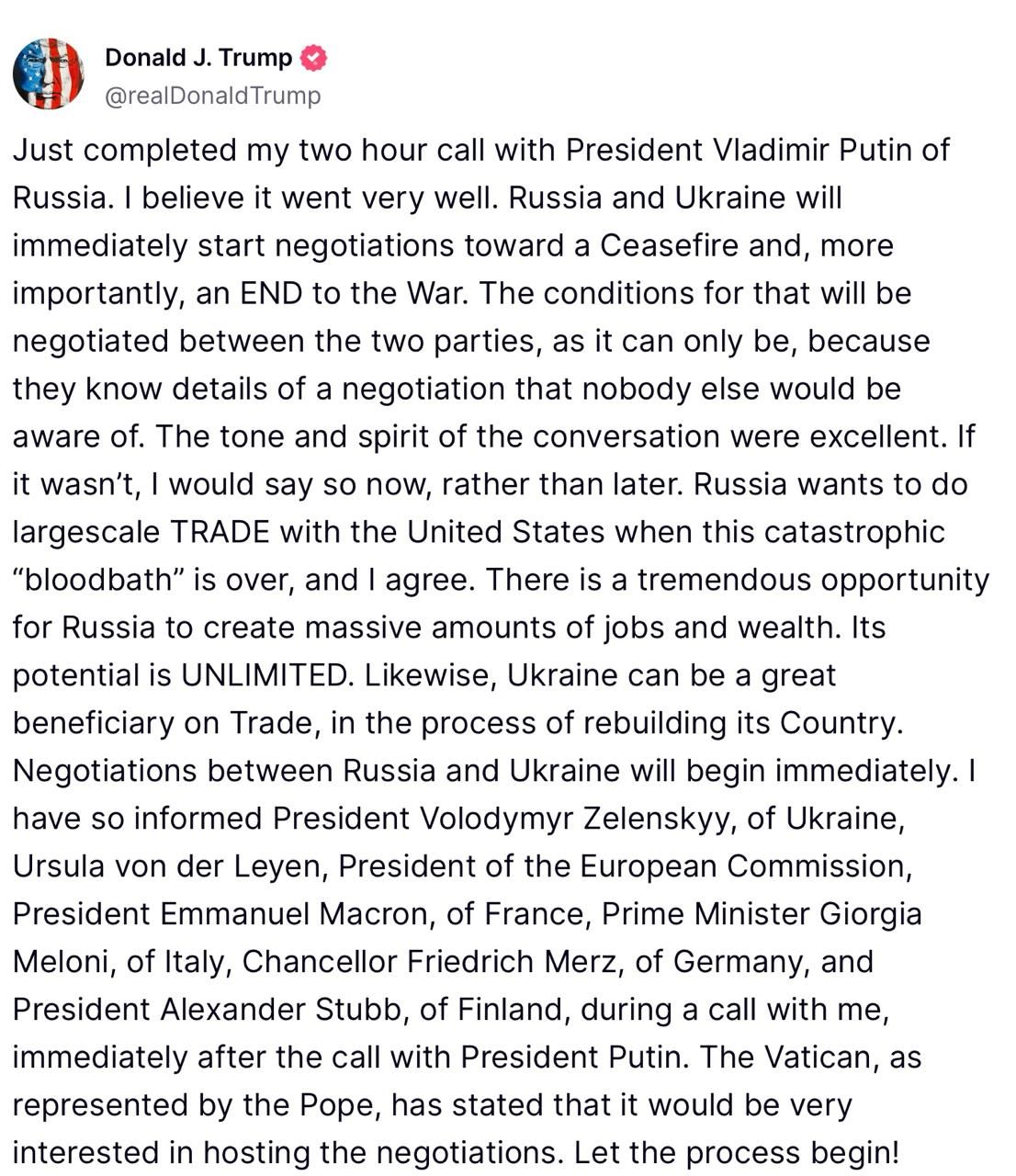 Пусть процесс начнется: Трамп после разговора с Путиным заявил о старте мирных переговоров между Украиной и РФ 1
