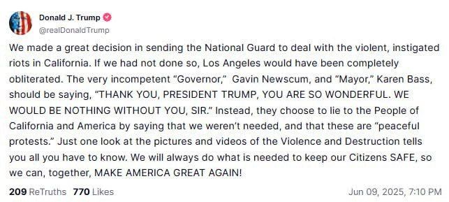 Трамп оправдал введение Нацгвардии в Лос-Анджелес и призвал арестовать губернатора Калифорнии Ньюсома.