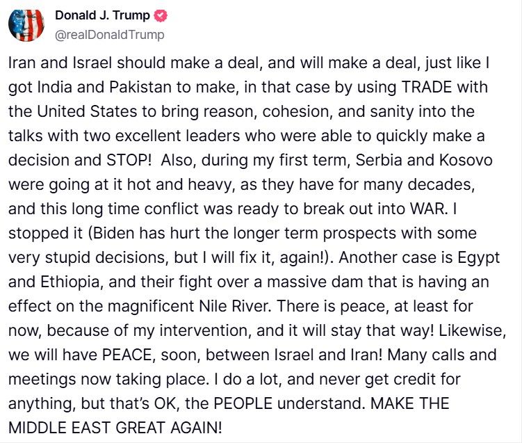 Багато роблю і не отримую похвали - Трамп пообіцяв мирну угоду між Іраном та Ізраїлем 1