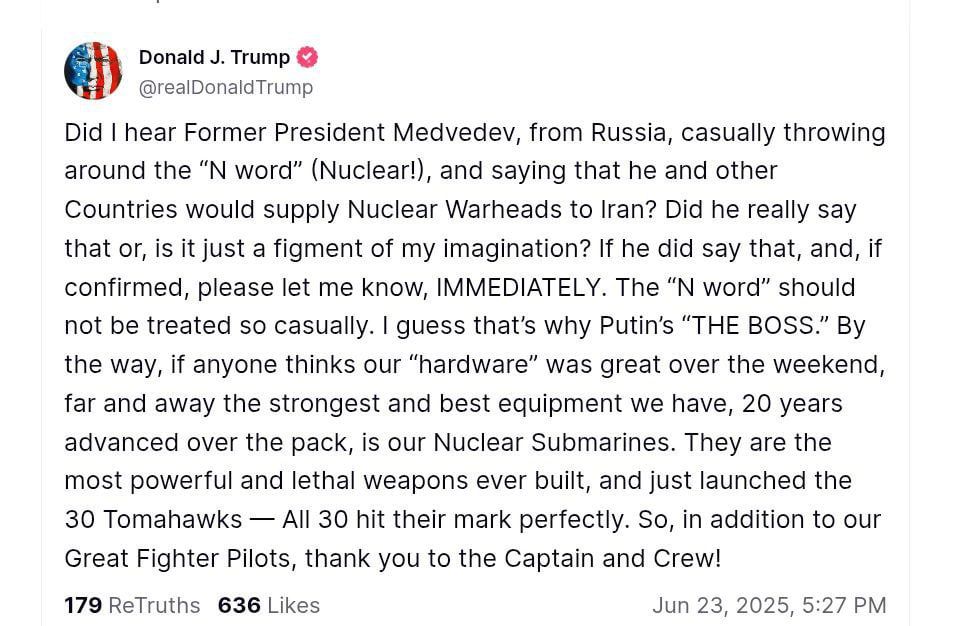 Трамп отреагировал на ядерные угрозы Медведева, напомнив ему, что Путин - босс.