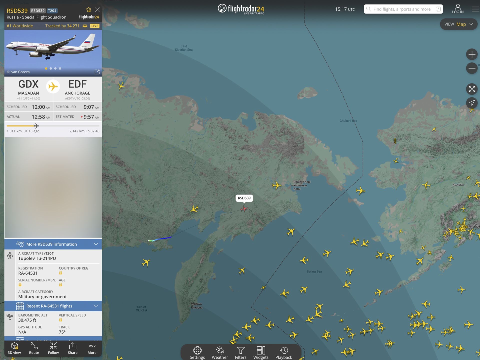 Маршрут путинского самолета над территорией РФ. Данные Flightradar24.