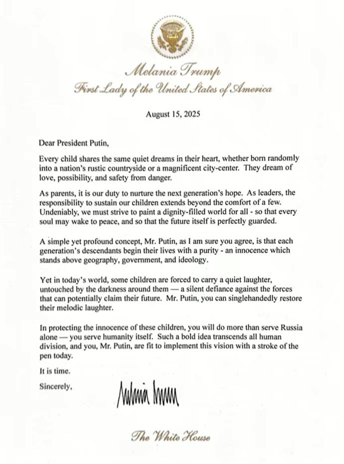 Fox News показало лист Меланії Трамп до Путіна: що в ньому насправді 1