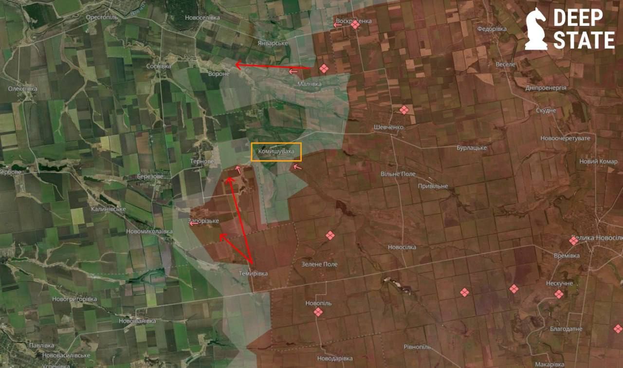 Мапа DeepState, на якій Запорізьке позначено червоним на знак окупації російськими військами Мапа DeepState, на якій Запорізьке позначено червоним на знак окупації російськими військами