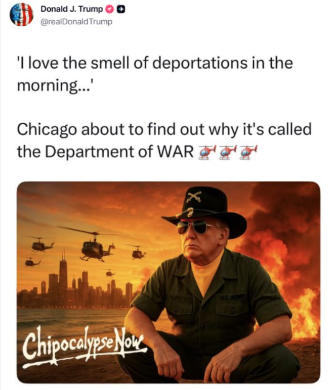 Трамп пригрозил Чикаго "войной" и назвал себя героем "Апокалипсиса сегодня" 1