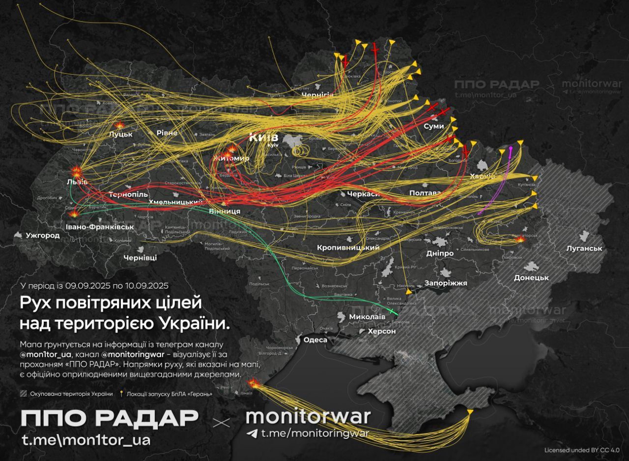 Рух Шахедів та ракет під час атаки 10 вересня